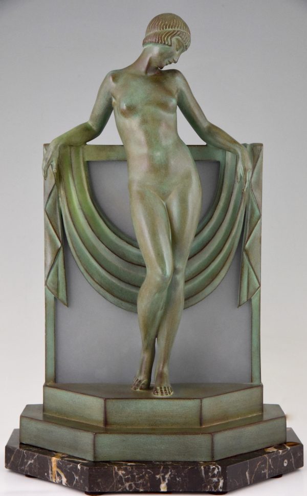 Art Deco lamp sculpture nude with scarf.