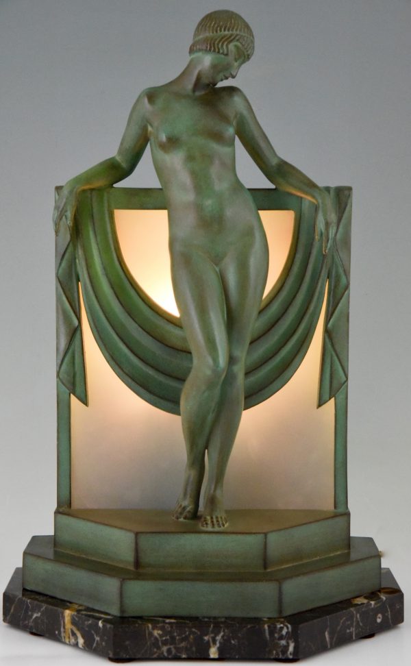 Art Deco lamp sculpture nude with scarf.