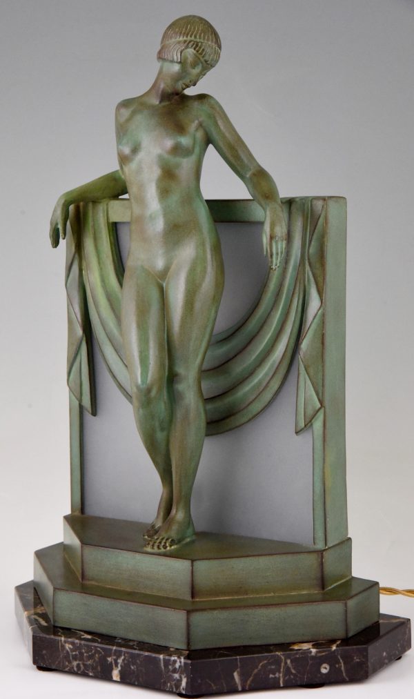 Art Deco lamp sculpture nude with scarf.