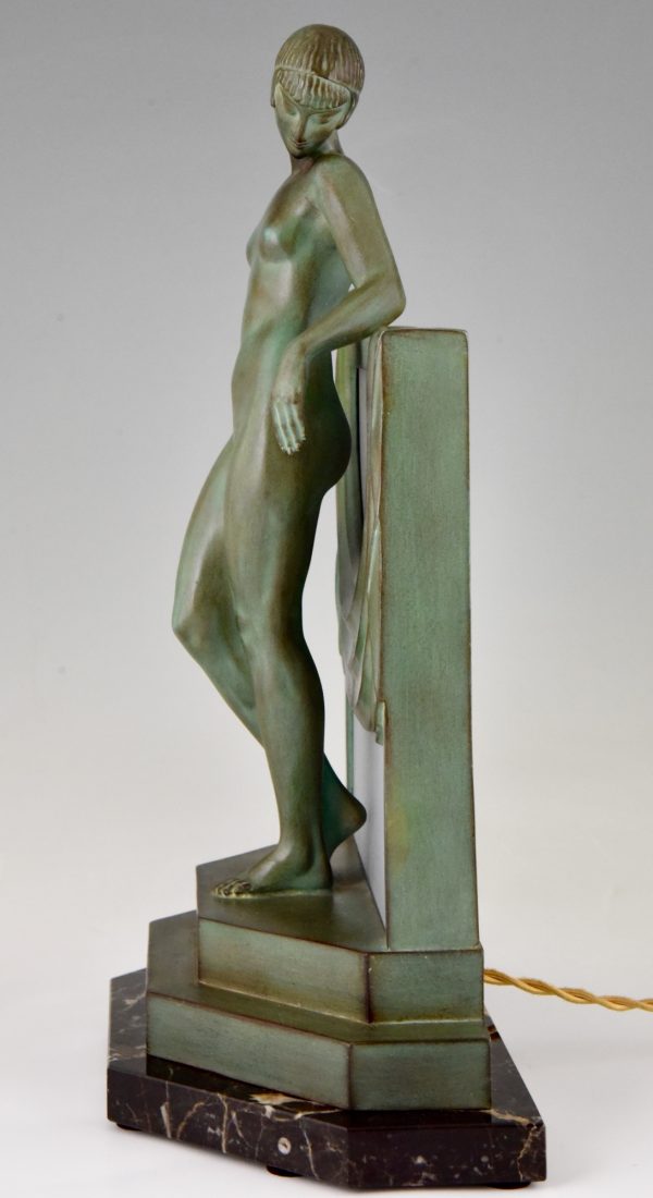 Art Deco lamp sculpture nude with scarf.