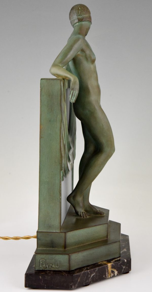 Art Deco lamp sculpture nude with scarf.