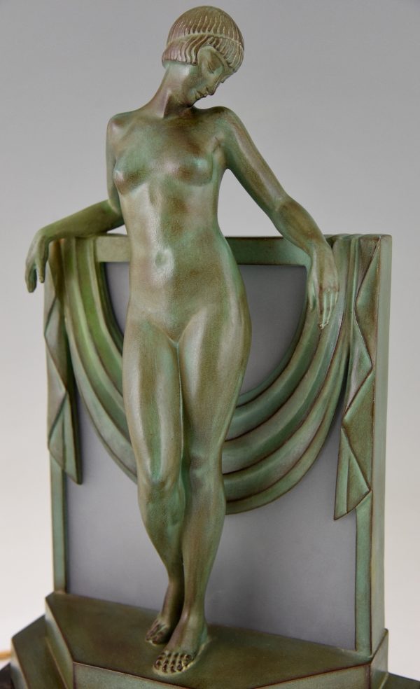 Art Deco lamp sculpture nude with scarf.