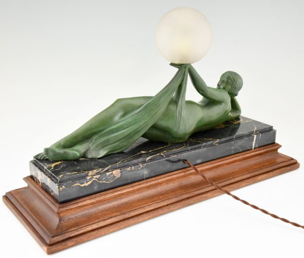 Aube Art Deco lamp draped nude holding a glass globe