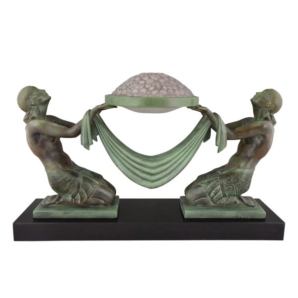 Art Deco lamp twee vrouwen met glazen schaal