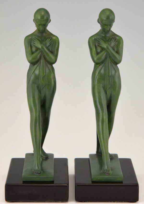 Pair of Art Deco bookends standing nudes with drape