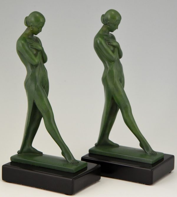 Pair of Art Deco bookends standing nudes with drape