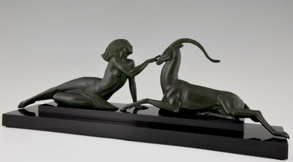 Art Deco sculpture nude with gazelle Seduction.
