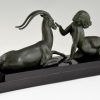 Art Deco sculpture femme nue et gazelle, Seduction.