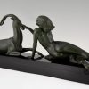 Art Deco sculptuur naakte vrouw met gazelle, Seduction.