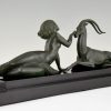 Art Deco sculpture femme nue et gazelle, Seduction.