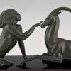 Art Deco sculpture femme nue et gazelle, Seduction.