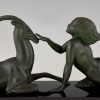 Art Deco sculpture femme nue et gazelle, Seduction.