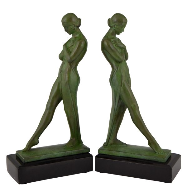 Pair of Art Deco bookends standing nudes with drape