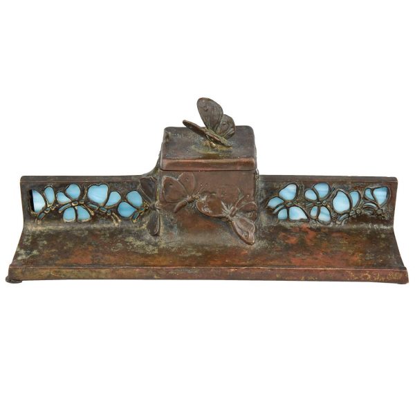 Art Nouveau ink stand with butterflies bronze and glass