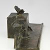 Art Nouveau ink stand with butterflies bronze and glass