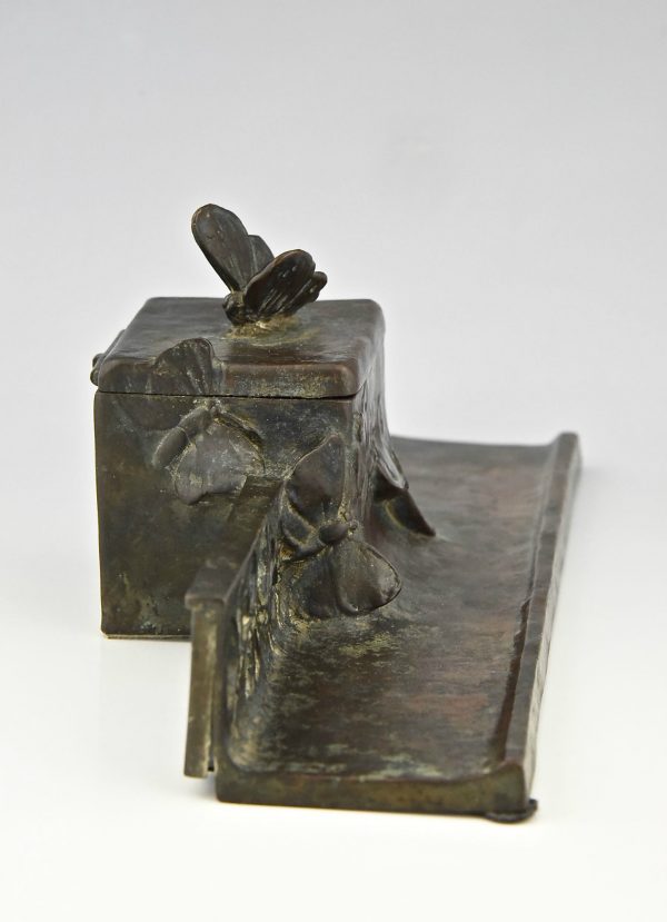 Art Nouveau ink stand with butterflies bronze and glass