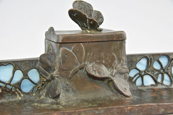 Jugendstil Tintenfass Bronze und Glass mit Schmetterlinge