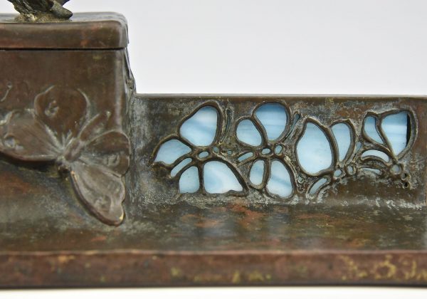Art Nouveau ink stand with butterflies bronze and glass