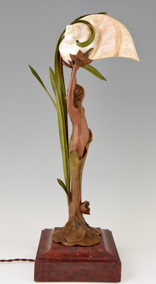 Art Nouveau lamp with nude, seashell and leaves