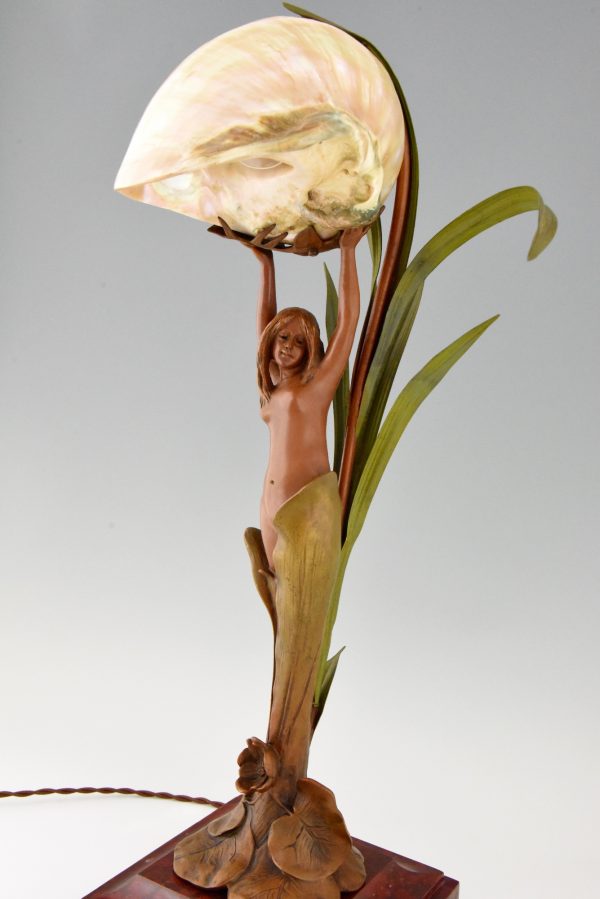 Art Nouveau lamp with nude, seashell and leaves