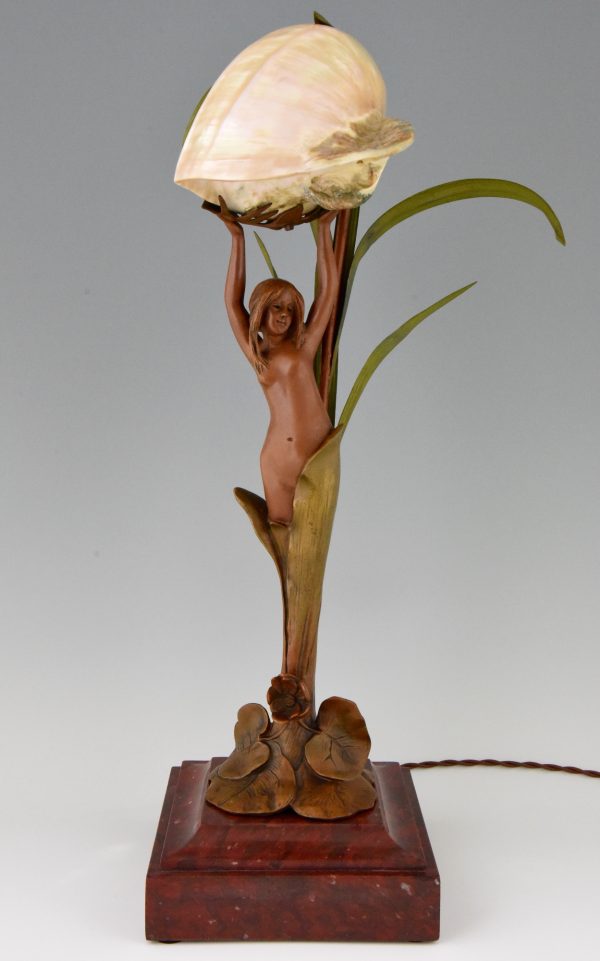 Art Nouveau lamp with nude, seashell and leaves