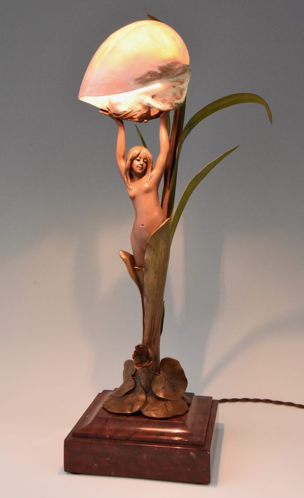 Art Nouveau lamp with nude, seashell and leaves