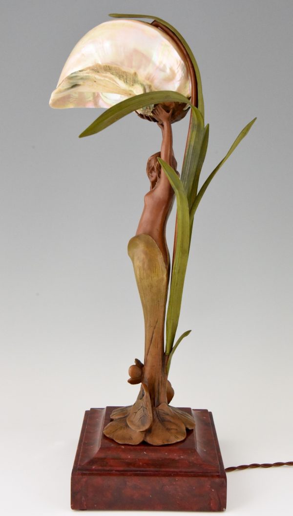 Art Nouveau lamp with nude, seashell and leaves