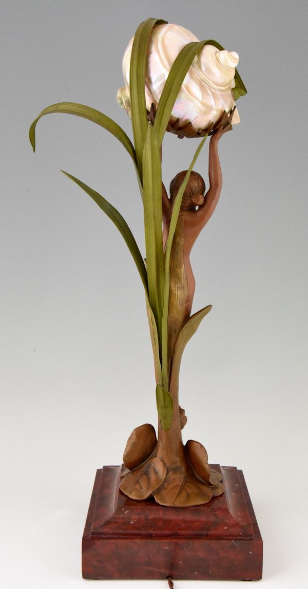 Art Nouveau lamp with nude, seashell and leaves