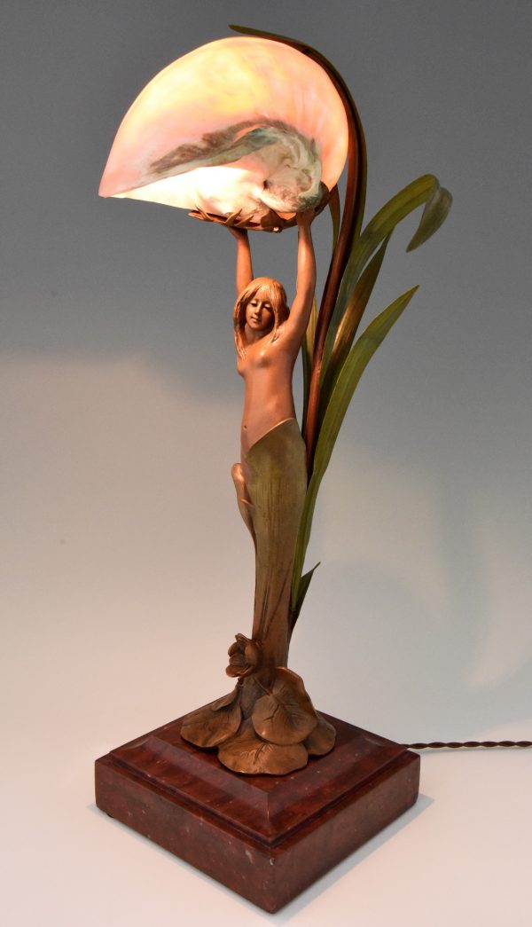 Art Nouveau lamp with nude, seashell and leaves