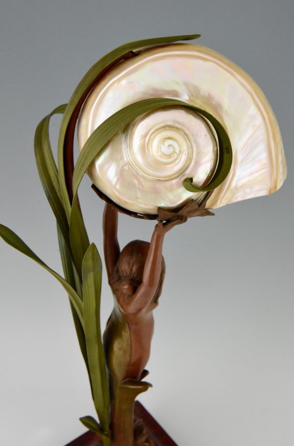 Art Nouveau lamp with nude, seashell and leaves