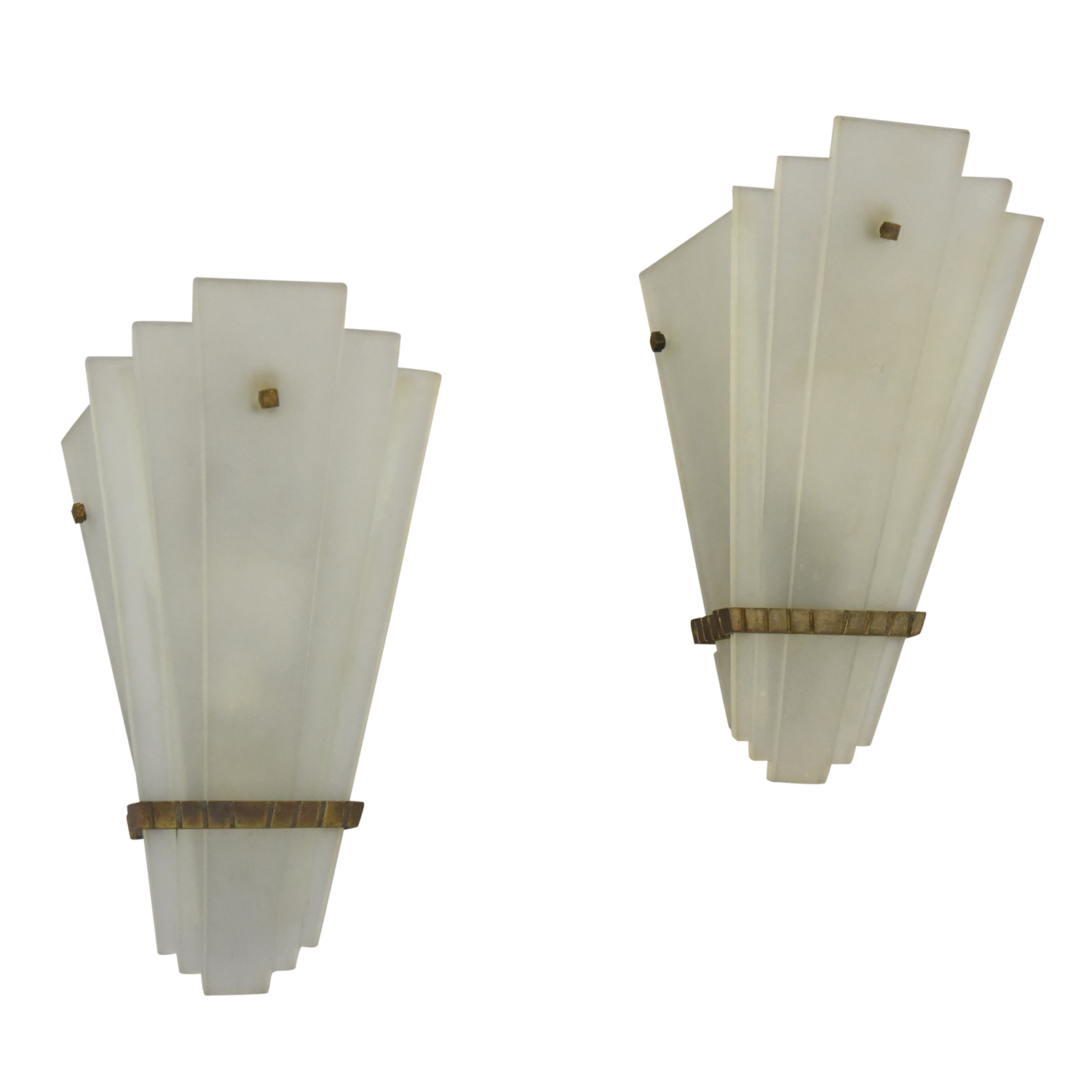 A pair of Art Deco glass and bronze wall lights or sconces