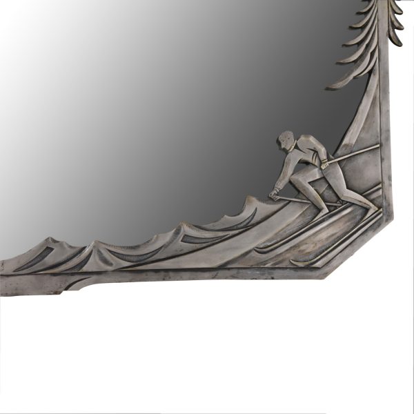 Art Deco silvered bronze mirror with skiers