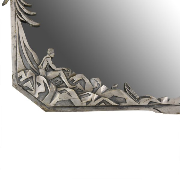 Art Deco silvered bronze mirror with skiers