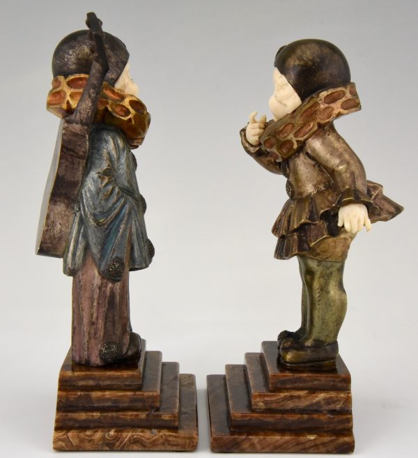 Art Deco bronze and ivory sculptures Pierrot and Pierrette