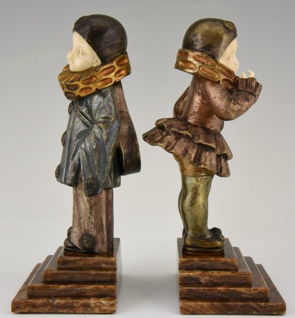 Art Deco bronze and ivory sculptures Pierrot and Pierrette