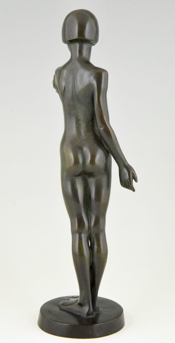 Frans Art Deco bronzen beeld naakt meisje met duif