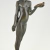 Frans Art Deco bronzen beeld naakt meisje met duif