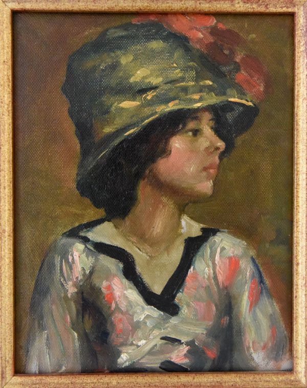 Art Deco painting young woman with hat