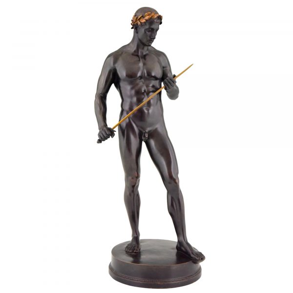 Antique bronze sculpture male nude with sword and laurel wreath