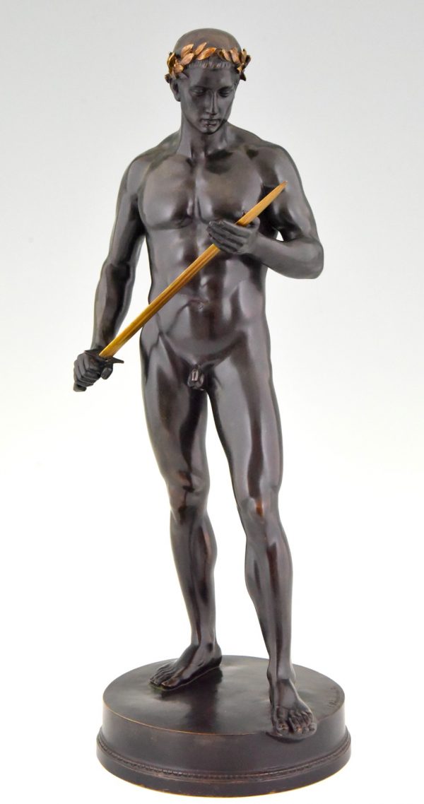 Antique bronze sculpture male nude with sword and laurel wreath
