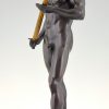 Antique bronze sculpture male nude with sword and laurel wreath