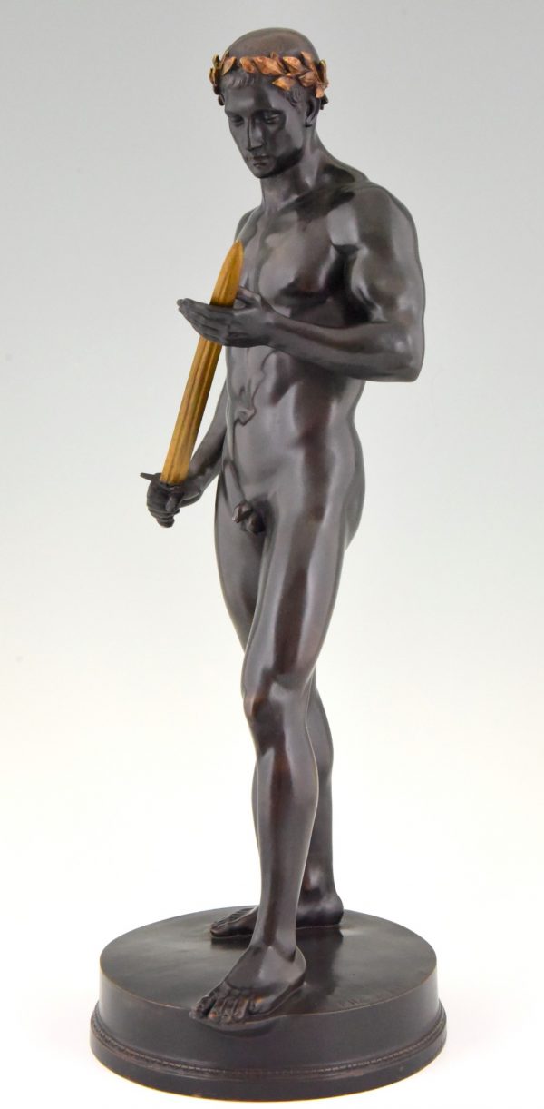 Antique bronze sculpture male nude with sword and laurel wreath