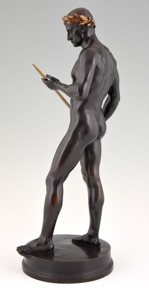 Antique bronze sculpture male nude with sword and laurel wreath