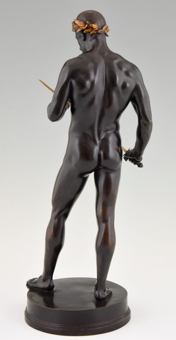 Antique bronze sculpture male nude with sword and laurel wreath