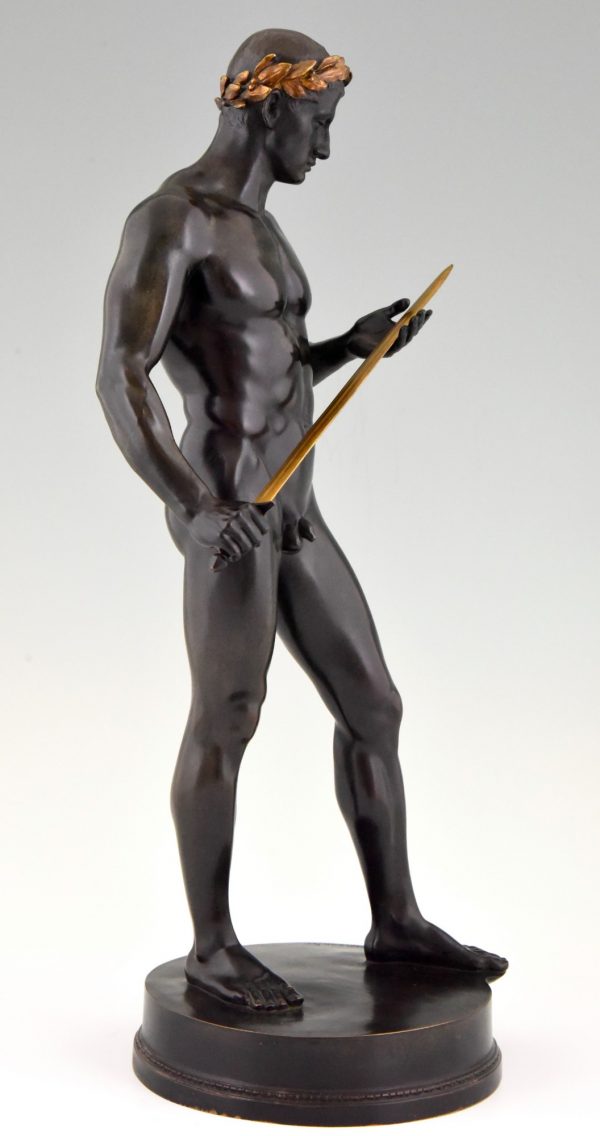 Antique bronze sculpture male nude with sword and laurel wreath