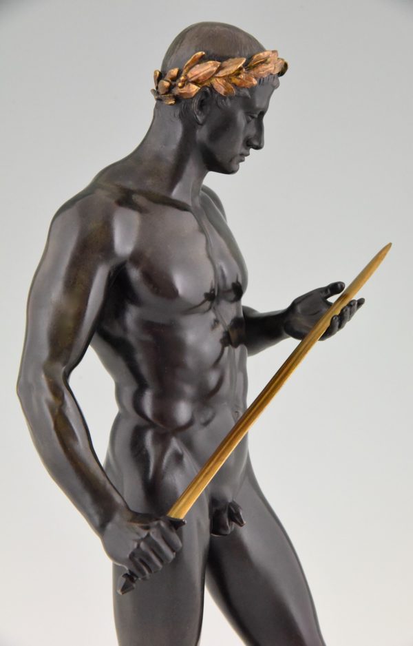 Antique bronze sculpture male nude with sword and laurel wreath