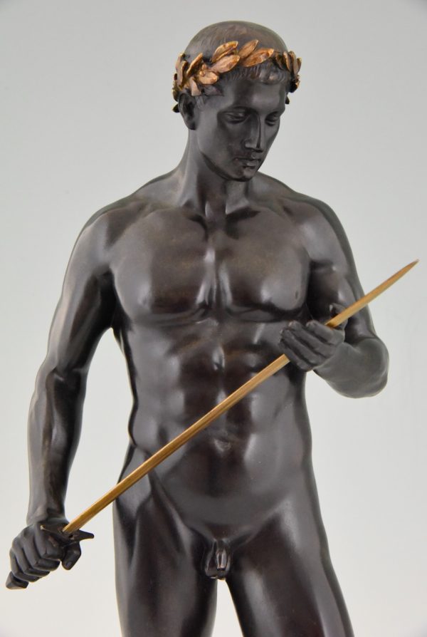 Antique bronze sculpture male nude with sword and laurel wreath