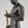 Antique bronze sculpture male nude with sword and laurel wreath