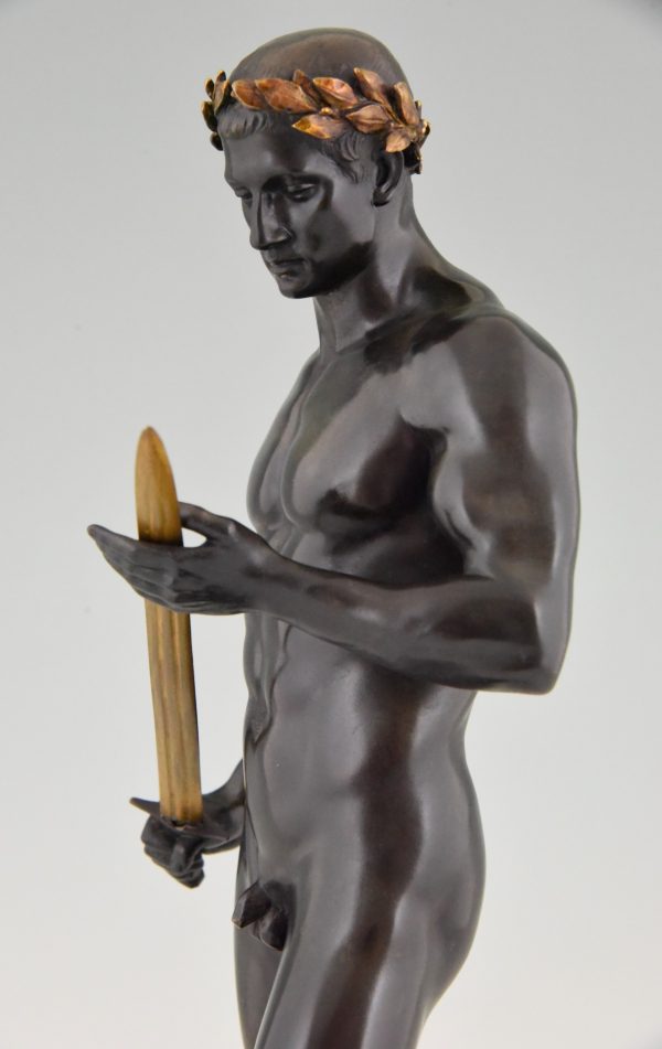 Antique bronze sculpture male nude with sword and laurel wreath