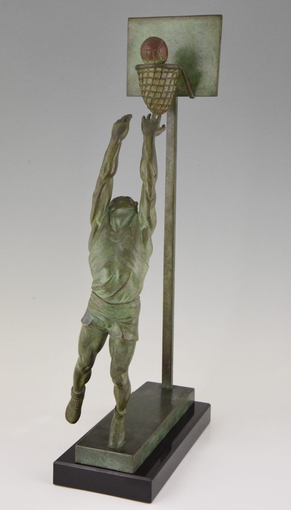 Art Deco bronze sculpture basketball player reverse dunk